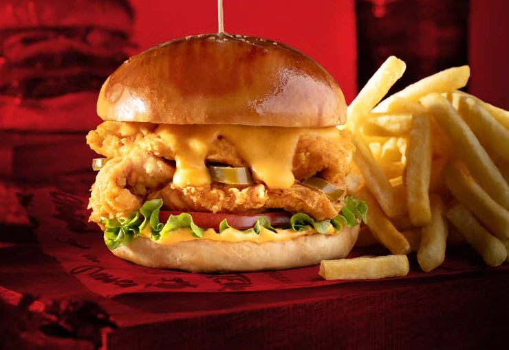Happy Moon’s Crispy Chicken Burger and fries
